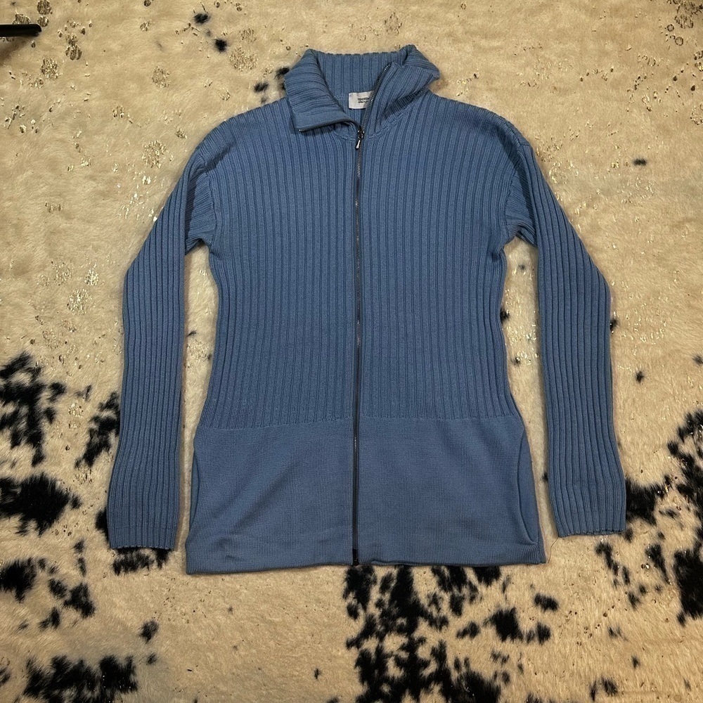 Fendi Womenโs Blue Full Zip Collared Ribbed Knit Cardigan Size 10